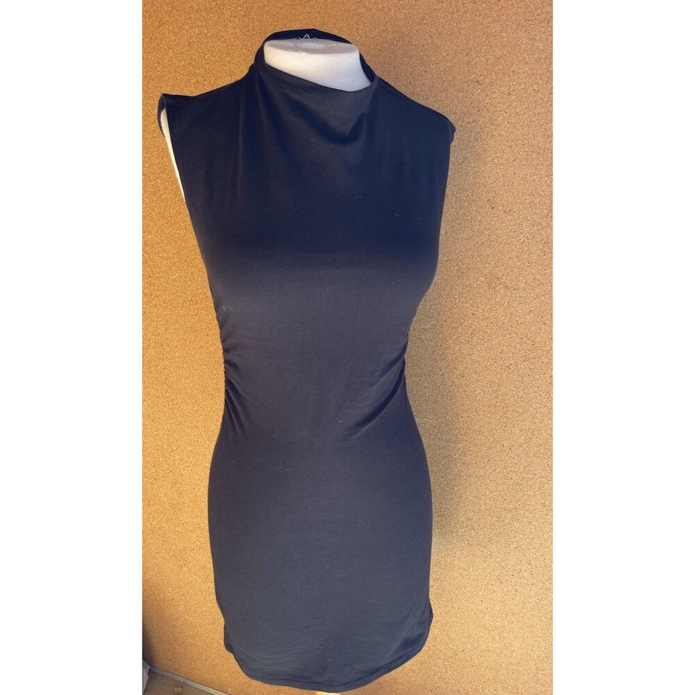 Reformation Small Black Alden Mini Dress Mock Neck Side Ruching Fitted LBD